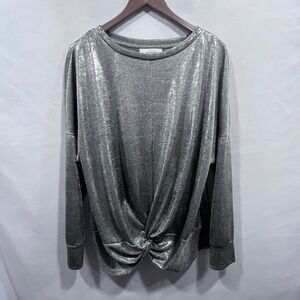 Fourteenth Place Womens Metallic Silver Twist Front Knit Top Long Sleeve XL